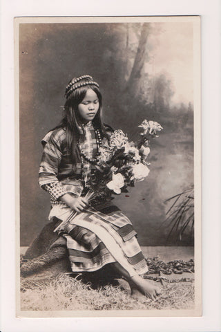 People - Female postcard - Young oriental lady posing with flowers RPPC - BP0039