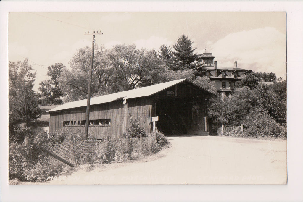 VT, Moscow - covered bridge, house, glass insulators on pole - RPPC - BP0040