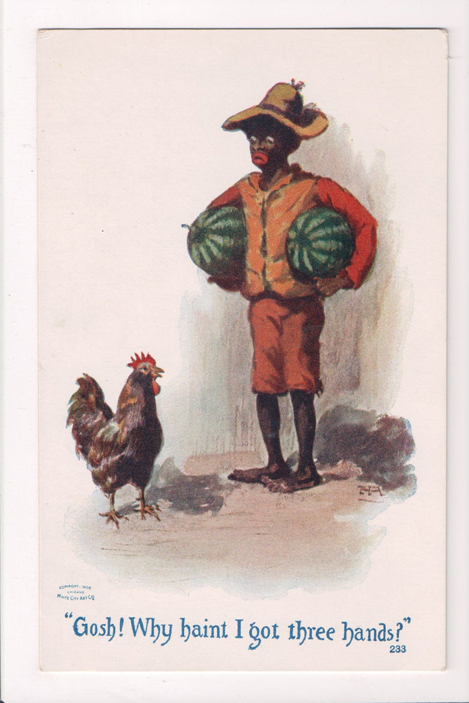 Black Americana - boy holding 2 watermelons, with a chicken - T00219