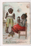 Black Americana - man with yarn in hands, lady rolling into a ball - BR0002