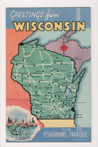 WI, Greetings from - STATE MAP postcard - C-0187