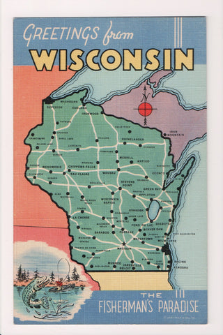 WI, Greetings from - STATE MAP postcard - C-0187