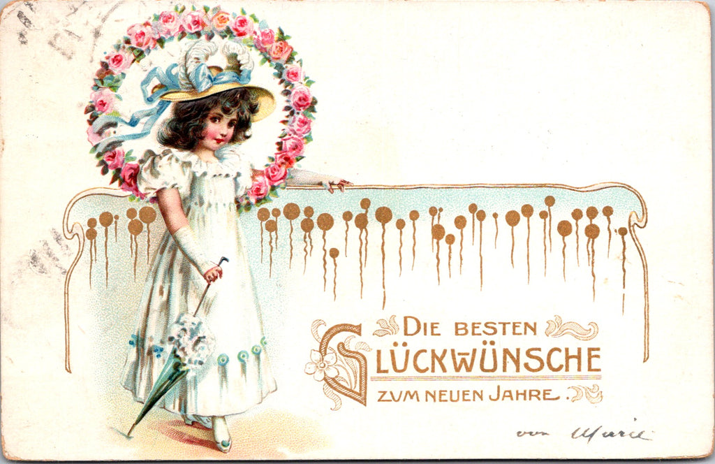 New Year - Die Besten Gluckwunsche - girl in wreath postcard - C06533