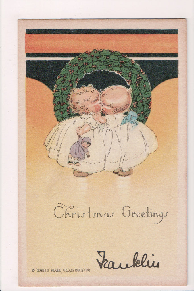 Xmas postcard - Christmas - little kids kissing - C06737