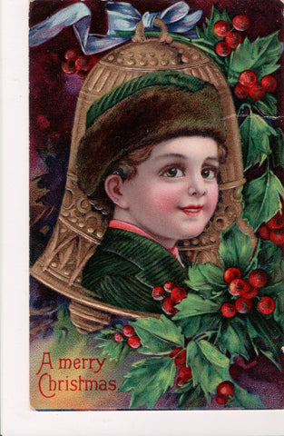 XMAS - Boys face in front of Bell - vintage postcard - C06758