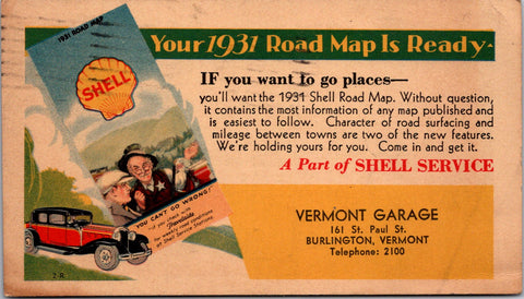 VT, Burlington - Vermont Garage / Shell Service advertisement, 1931 Map - C08478