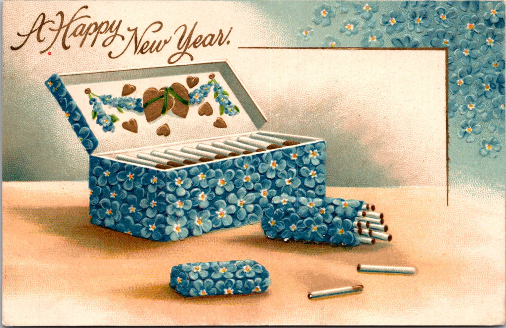 New Year - Cigarette box with forget me not flowers postcard - C08656