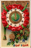 New Year - Red Roses around a large clock, horseshoe postcard - C08666