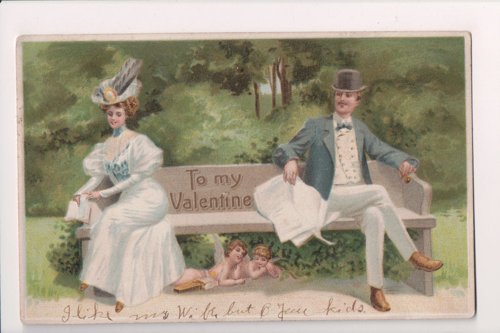 Valentine postcard - To my Valentine - angels under bench - C08772