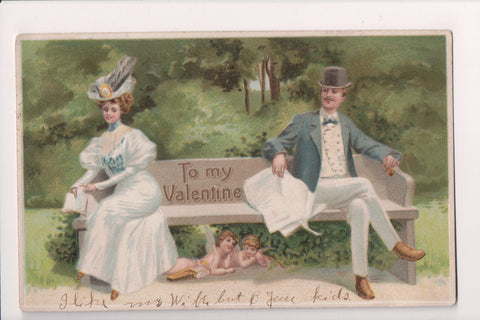 Valentine postcard - To my Valentine - angels under bench - C08772