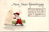 New Year - Greetings - boy delivering box and flowers postcard - C17020