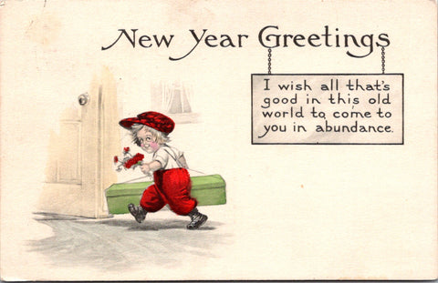 New Year - Greetings - boy delivering box and flowers postcard - C17020