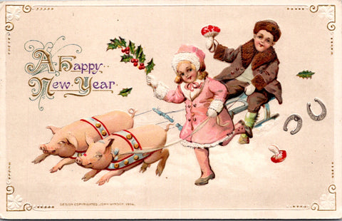 New Year - girl, boy on a sled being pulled by 2 pigs - C17021