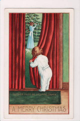 Xmas postcard - Christmas - kid in PJs peeking in - C17022