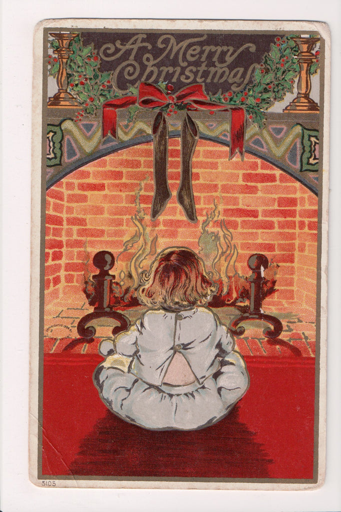 Xmas postcard - Christmas - Boy at fireplace, black stockings - C17036