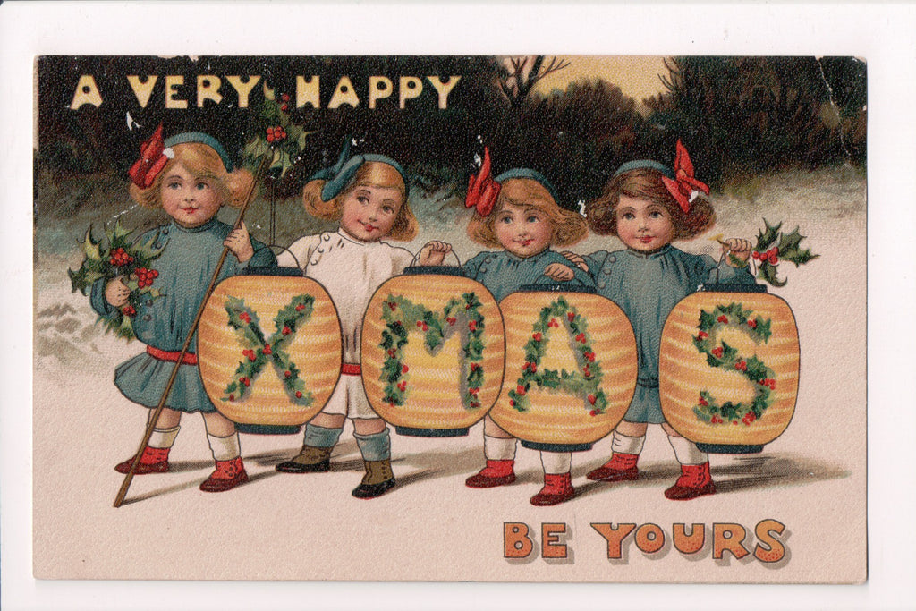 Xmas - kids holding chinese lanterns with XMAS on them - postcard - C17040