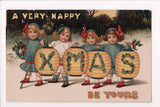 Xmas - kids holding chinese lanterns with XMAS on them - postcard - C17040