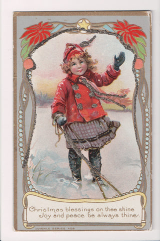 Xmas postcard - Christmas - child pulling sled? - Juvenile Series 408 - C17067