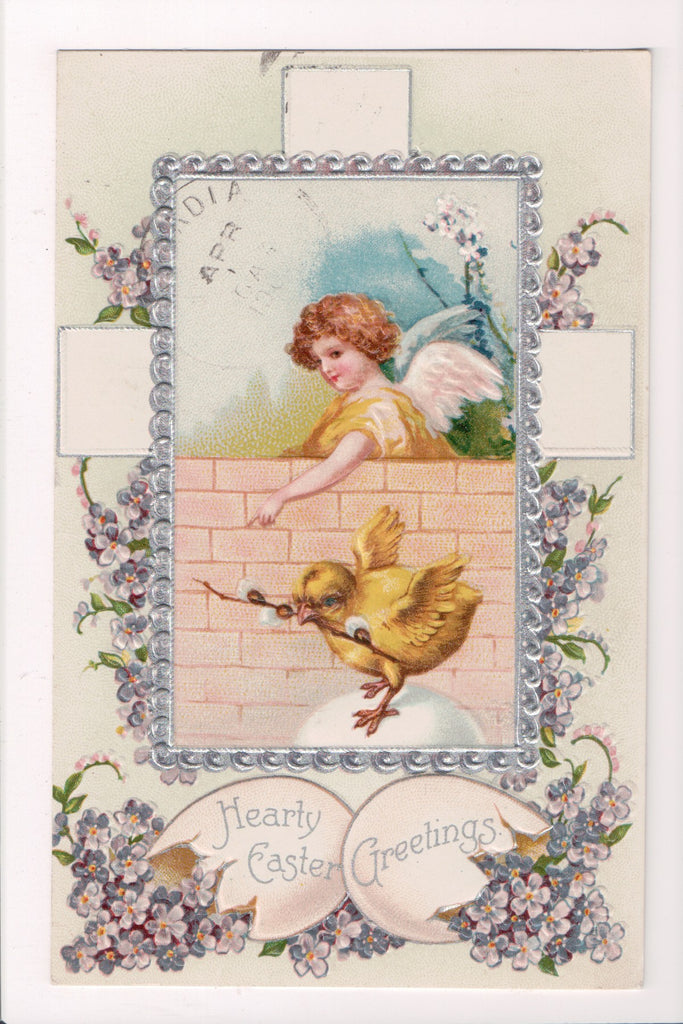 Easter postcard - angel with wings, chick with pussy willow - C17081