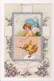 Easter postcard - angel with wings, chick with pussy willow - C17081