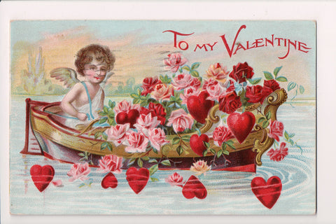 Valentine postcard - To my Valentine - Angel, boat w/roses - C17152