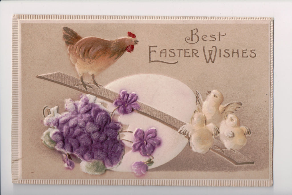 Easter postcard - hen on teeter totter with chicks - FELT - C17173