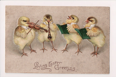 Easter - Anthropomorphic, playing musical instruments and singing chicks postcar