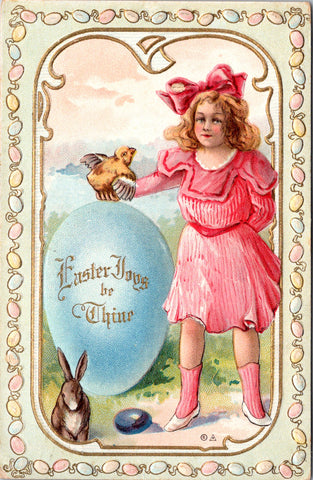 Easter - Girl in pink dress and socks, holding a chick - Nash postcard - C17469