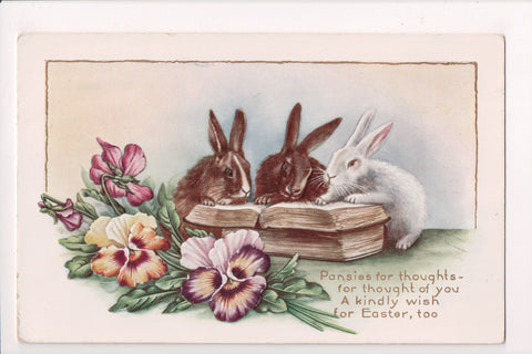 Easter - rabbits reading a book, pansies - Whitney Made - c17621