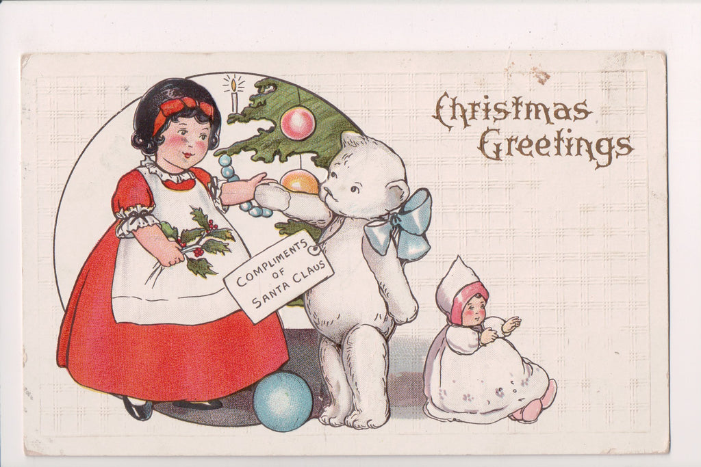 Xmas postcard - Christmas - Girl, Bear, doll presents - C17651