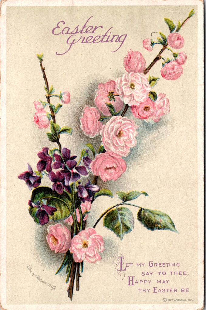 Easter - pink and purple flowers - Clapsaddle postcard - C17759