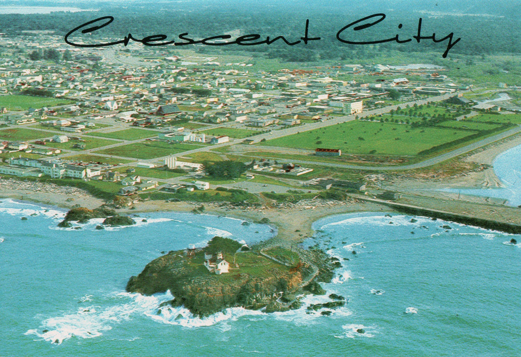 CA, Crescent City - Bird Eye View of lighthouse and City - Continental size - M-0249