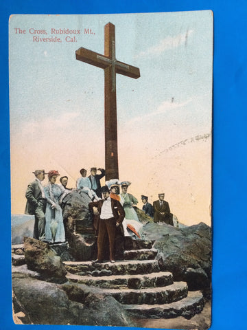 CA, RIVERSIDE - Cross on Rubidoux MT close up, people postcard - C08096
