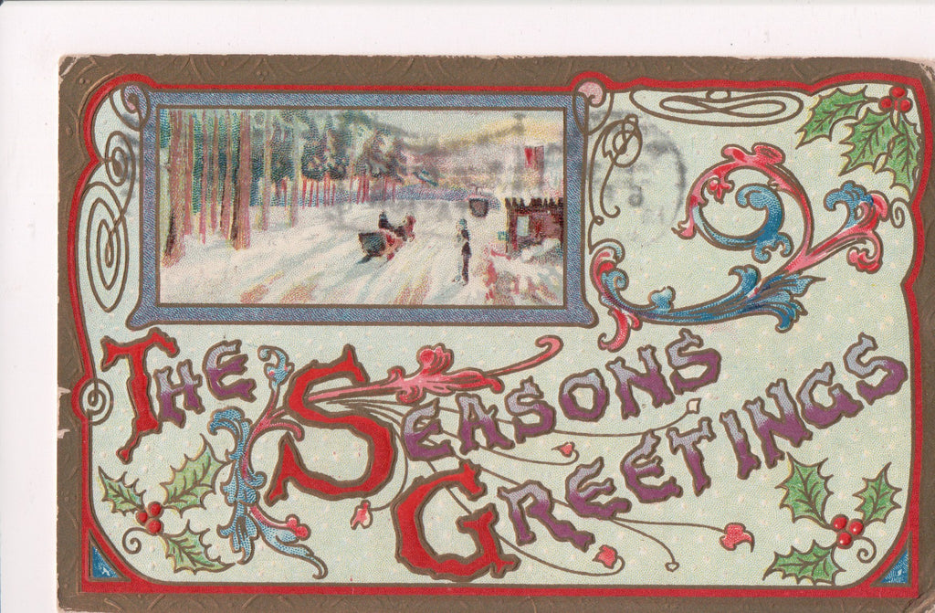 Xmas - Seasons Greetings - Winsch back - 1909 Roxbury Station flag cancel - CP06