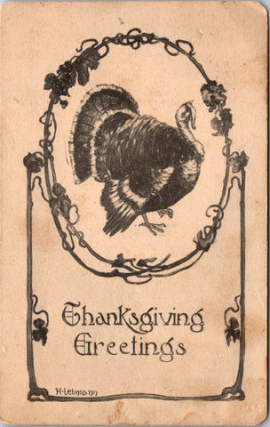 Thanksgiving - Tom Turkey - sepia colored card - H Lehmann signed - CP0760
