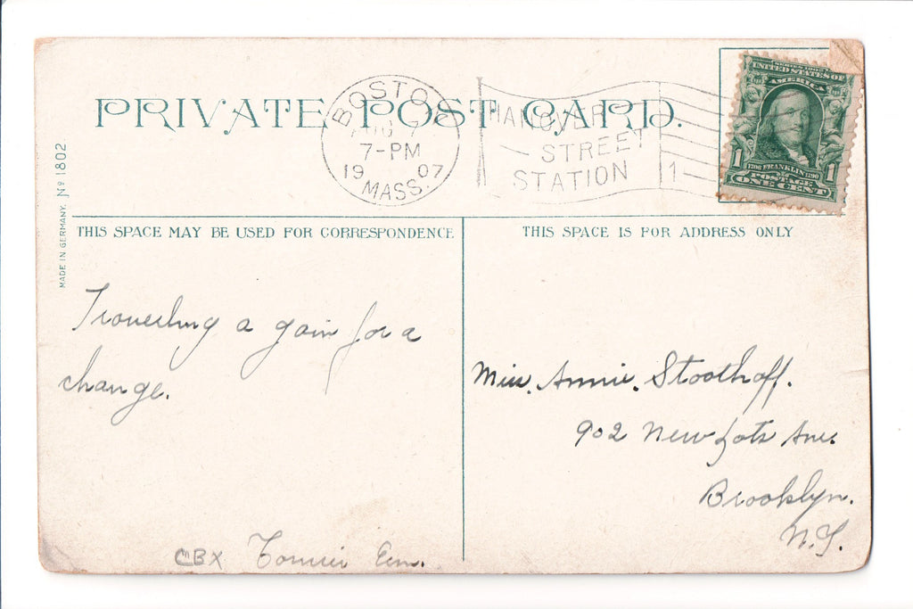 pm FLAG KILLER - MA, Boston - 1907 cancel - HANOVER STREET STATION - D05216