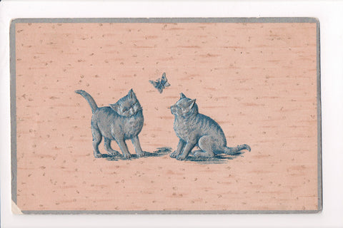 Animal - Cat or cats postcard - blue, silver with butterfly - A06757