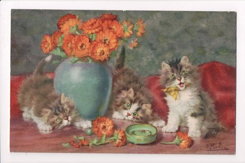 Animal - Cat or cats postcard - kittens with orange flowers, vase - A06758