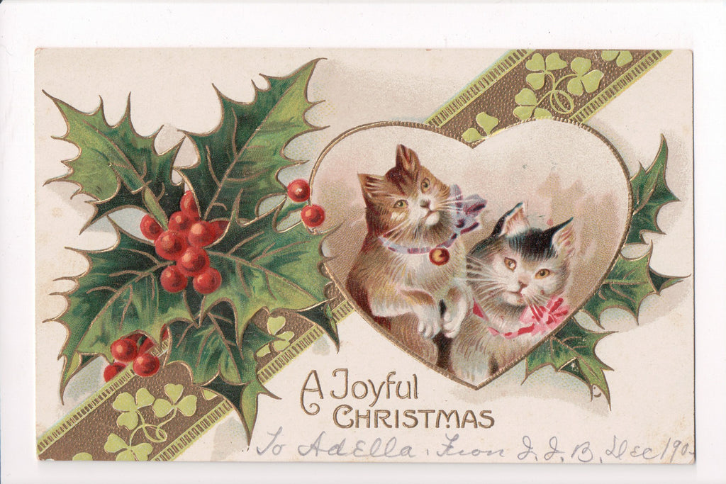 Animal - Cat or cats postcard - Christmas, cat with bell, ribbon - A06775