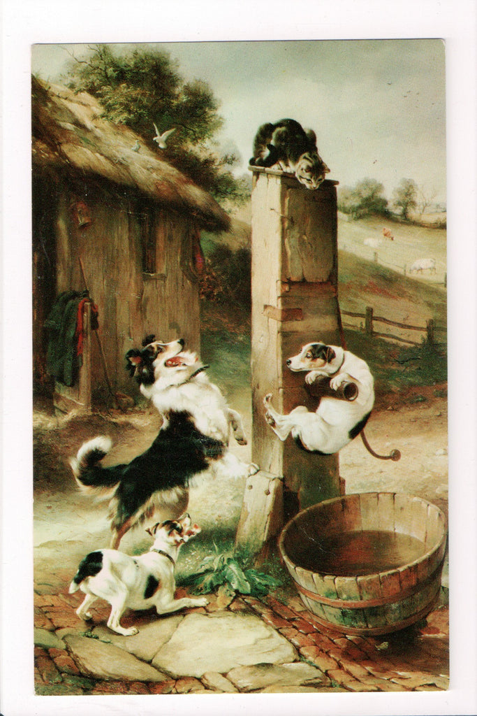 Animal - Cat or cats postcard - dogs trying to get cat on pole - A06786