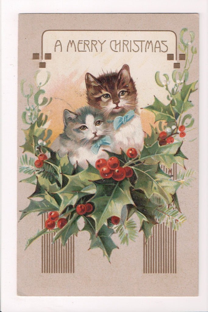Animal - Cat or cats postcard - A MERRY CHRISTMAS - kittens with bows - B05070
