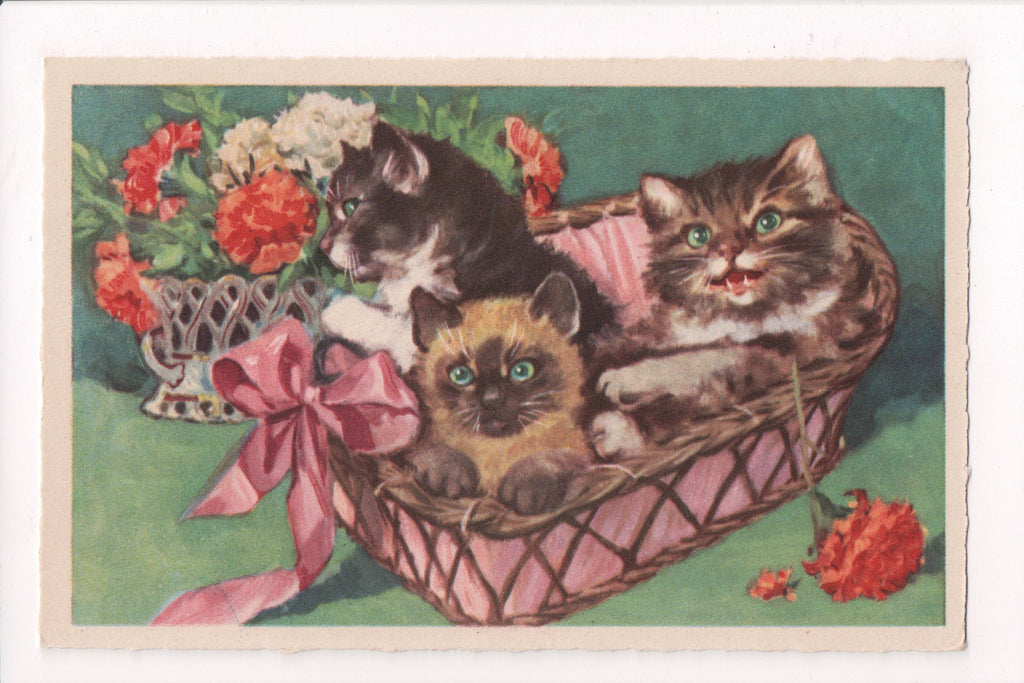Animal - Cat or cats postcard - kittens in a pink basket - D07075