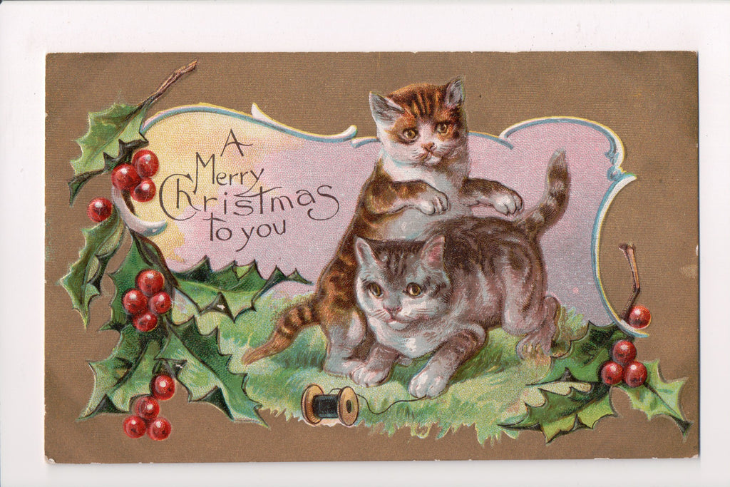Animal - Cat or cats postcard - Xmas Cats Series, playing with spool - J04144
