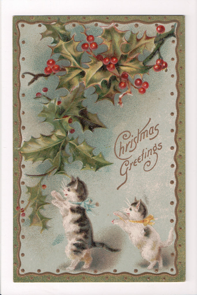 Animal - Cat or cats postcard - 2 kittens - walking on 2 legs, holly - @1909 - S