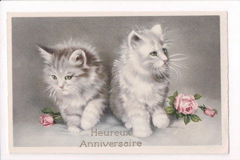 Animal - Cat or cats postcard - 2 gray kittens, pink roses - SH7368