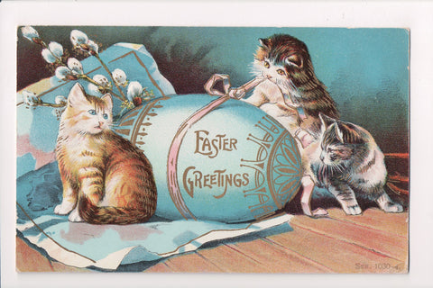Animal - Cat or cats postcard - Easter Egg with kittens, gold embellishments - w