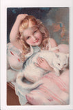 Animal - Cat or cats postcard - pretty young girl with large white cat - B11005