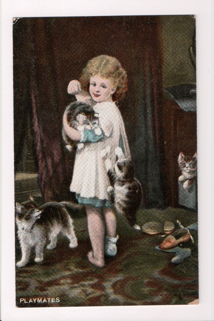 Animal - Cat or cats postcard - Young girl, with kitten crawling up back - SH737
