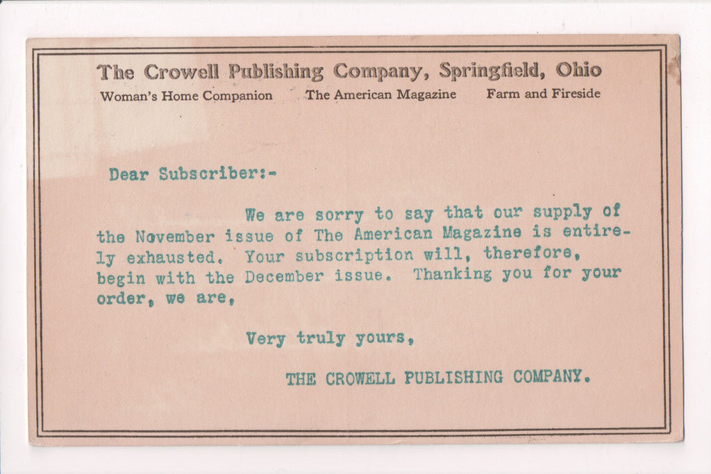 OH, Springfield - CROWELL PUBLISHING CO advertisement postcard - D05494