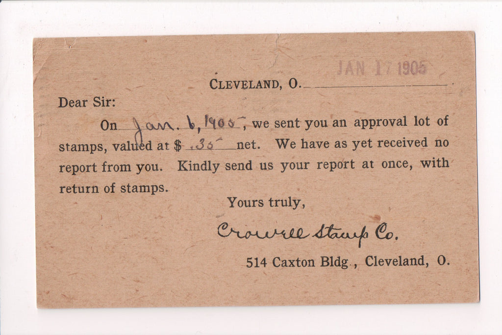 OH, Cleveland - CROWELL STAMP Co - Advertisement card requesting return - 400014